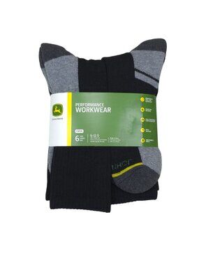 John Deere Performance Workwear Crew Socks 6 Pairs Mens Size 6-12.5 Black & Gray